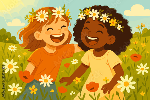 Laughing Girls in Meadow. Playful shot vector illustration of two young girls wearing flower crowns, laughing in a sunny meadow