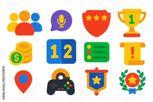Vibrant Gaming Icons. Flat vector icons of multiplayer gaming: team icon, voice chat, party badge, score board, ranking trophy,