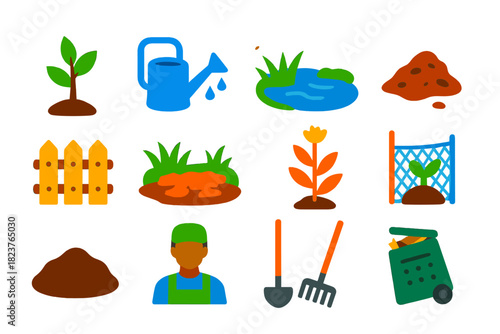 Habitat Restoration Icons. Flat vector icons of habitat restoration: tree sapling, watering can, shovel, mulch, fence, pond