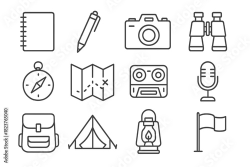 Ethnographic Tools Icons. Line style icons of Ethnographic Tools: Notebook, Pen, Camera, Binoculars; Compass, Map, Tape Recorder,