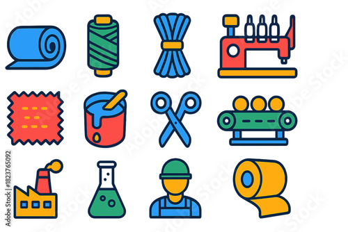 Synthetic Fibers Icons. Flat vector icons of Synthetic Fibers: Polyester Roll, Nylon Thread, Fiber Bundle, Spinning Machine,