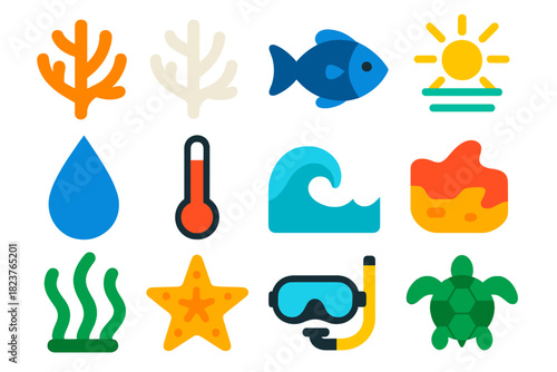 Coral Bleaching Icons. Flat vector icons of Coral Bleaching: Coral, Bleached Coral, Fish, Sea Turtle, Sunlight, Water Drop,