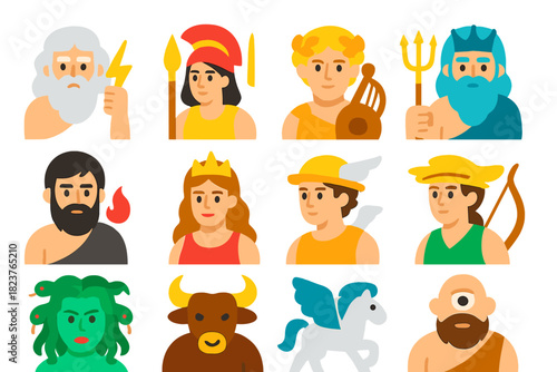 Greek Mythology Icons. Flat vector icons of Greek Mythology: Zeus, Athena, Apollo, Poseidon, Hades, Hera, Hermes, Artemis, Medusa,