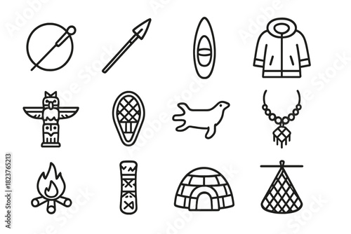 Indigenous Arctic Icons. Line style icons of Indigenous Arctic Life: Drum, Harpoon, Kayak, Fur Coat; Totem, Snowshoe, Seal Skin,
