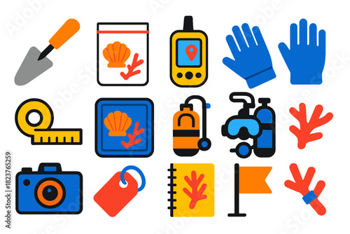 Fieldwork Icon Collection. Flat vector icons of fieldwork for shell and coral collection: hand trowel, sample bag, GPS device,