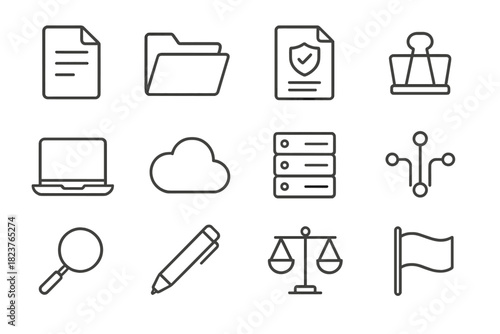 Evidence Management Icons. Line style icons of Evidence & Case Management: File, Folder, Document, Clip; Laptop, Cloud, Server,