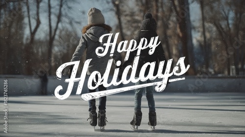 Joyful Ice Skating Experience with Happy Holidays Message in Winter