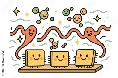 Joyful Plasmonic Interaction. Joyful doodle sensing application scene with happy plasmonic chips, cartoon light signals waving,