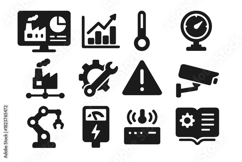 Factory Monitoring Icons. Solid style icons of factory monitoring: dashboard screen, production graph, temperature gauge, pressure