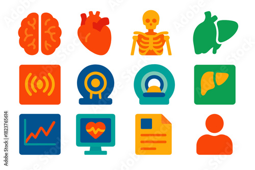 Bold Medical Icons. Flat vector icons of Medical Imaging Concepts: Brain, Heart, Skeleton, Organ Icon, Ultrasound Wave, MRI Coil,