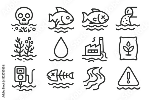 Eutrophic Water Icons. Line style icons of Eutrophic Waters: Dead Zone, Fish Gill, Hypoxia, Nutrient Overflow; Algae Bloom, Water