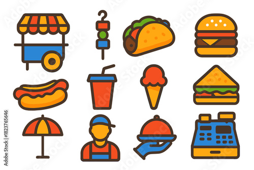 Vibrant Street Food Icons. Flat vector icons of Street Food: Food Cart, Skewer, Taco, Burger, Hot Dog, Drink Cup, Cone, Sandwich,