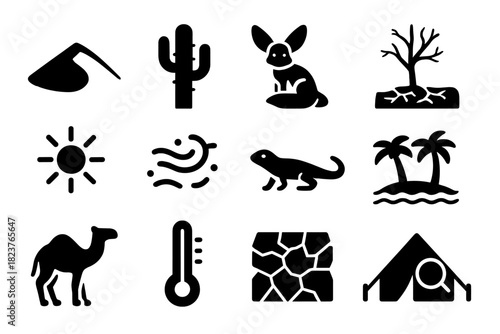 Desert Science Icons. Solid style icons of Desert Science: sand dune, cactus, desert fox, desertification, sun, sandstorm, lizard,