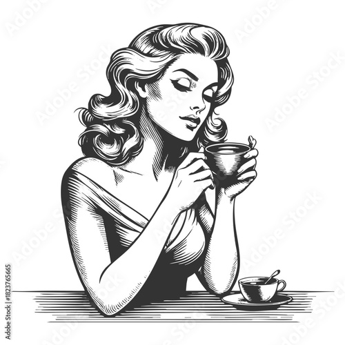 woman sipping coffee from a cup, drawn in a classic engraving style with fine linework sketch engraving generative ai fictional character vector illustration. Scratch board. Black and white image.