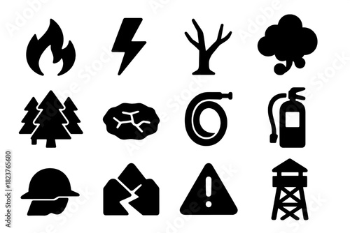 Wildfire Monitoring Icons. Solid style icons of Wildfire Monitoring: wildfire flame, lightning strike, dry tree, smoke, forest,