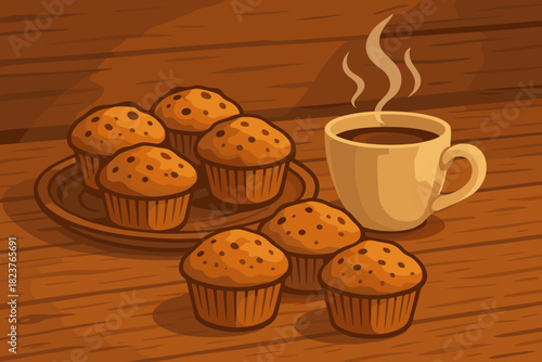 Cozy Kitchen Morning. Rustic kitchen table with freshly vector illustration baked muffins and a steaming coffee cup, soft warm
