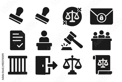 Verdict Icons Collection. Solid style icons of verdict outcomes: guilty stamp, not guilty stamp, mistrial symbol, sealed envelope,