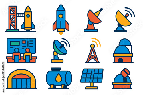 Space Infrastructure Icons. Flat vector icons of Space Infrastructure: Launch Pad, Rocket, Satellite, Ground Station, Radar,