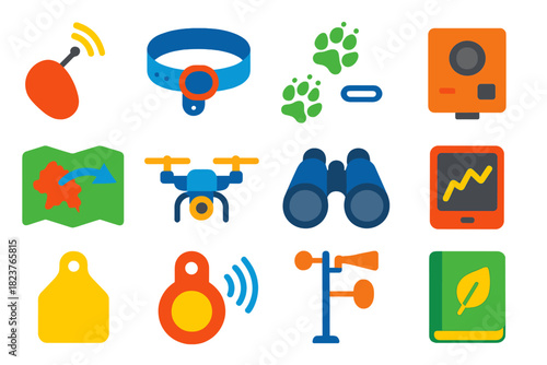 Species Tracking Icons. Flat vector icons of Species Tracking: satellite tag, radio collar, footprint trail, camera trap,