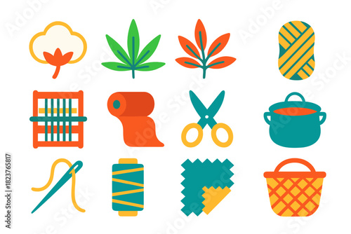 Organic Fabrics Icons. Flat vector icons of Organic Fabrics: Cotton Plant, Hemp Leaf, Linen Leaf, Yarn, Loom, Fabric Roll,