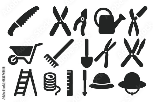 Horticultural Tools Icons. Solid style icons of horticultural tools: pruning saw, garden shears, hand pruner, watering jug,