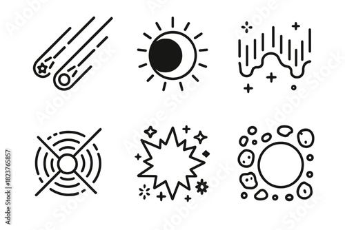 Cosmic Phenomena Icons. Line style icons of Cosmic Phenomena: meteor shower, solar eclipse, aurora, pulsar, supernova, asteroid