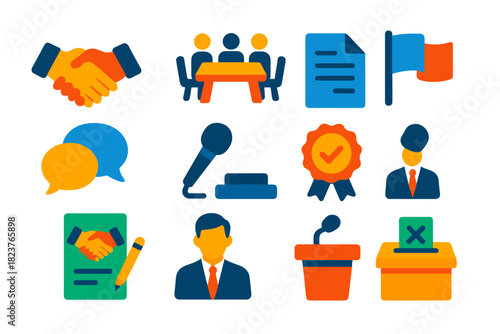 Diplomacy Icon Set. Flat vector icons of Diplomacy & Negotiation: Handshake, Conference Table, Flag Icons, Speech Bubble, Document