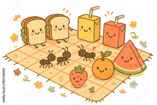 Joyful Picnic Scene. Happy doodle picnic with sandwiches smiling, juice boxes with faces, ants marching playfully, fruits with