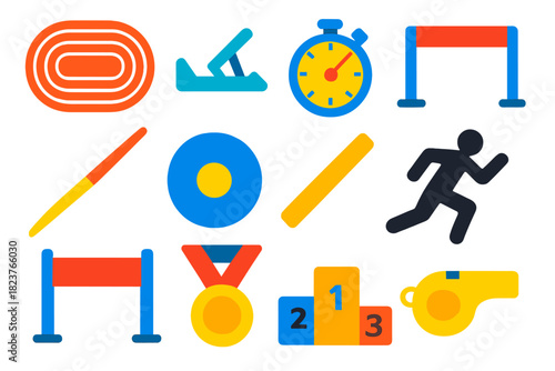 Athletics Icon Set. Flat vector icons of athletics: running track, starting block, stopwatch, hurdles, javelin, discus, relay