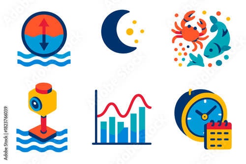 Marine Chronobiology Icons. Isometric vector illustration set Chronobiology of marine organisms: tidal cycle indicators, lunar