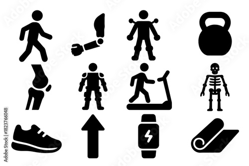 Human Kinetics Icons. Solid style icons of Human Kinetics: walking human, prosthetic arm, motion capture, weight, joint diagram,