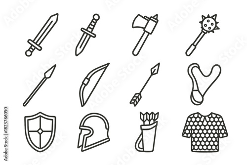 Weapon and Tool Icons. Line style icons of Weapons & Tools: Sword, Dagger, Axe, Mace; Spear, Bow, Arrow, Sling; Shield, Helmet,