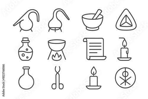 Ancient Alchemy Icons. Line style icons of Ancient Alchemy: Alembic, Retort, Mortar, Pestle; Philosopher’s Stone, Elixir, Crucible