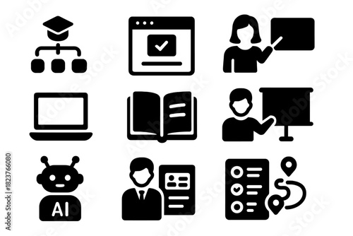 Smart Education Icons. Solid style icons of Smart Education: adaptive course, auto grading, virtual instructor, laptop, digital