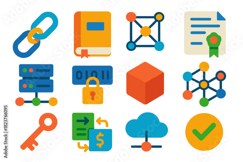 Blockchain Icon Set. Flat vector icons of blockchain technology: chain links, ledger book, nodes network, smart contract,