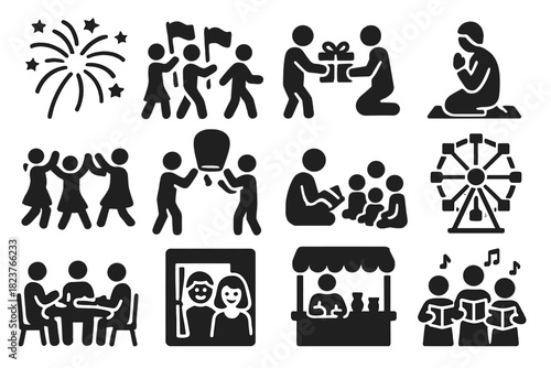 Festival Activity Icons. Solid style icons of festival activities: fireworks display, parade, gift exchange, prayer ritual, dance