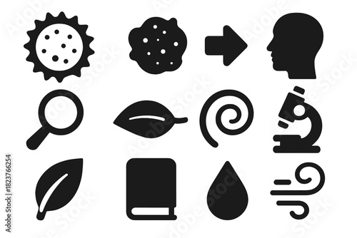 Aerobiology Icons Collection. Solid style icons of aerobiology and airborne particles: pollen grain, dust particle, human