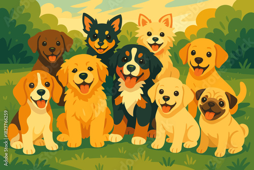 Playful Puppy Gathering. Vibrant display of puppies of various breeds sitting together in a grassy yard, soft natural lighting,