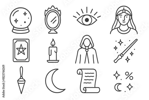 Fortune Vision Icons. Line style icons of Fortune Vision: Crystal Sphere, Dark Mirror, Foresight, Clairvoyant; Tarot Card, Candle,