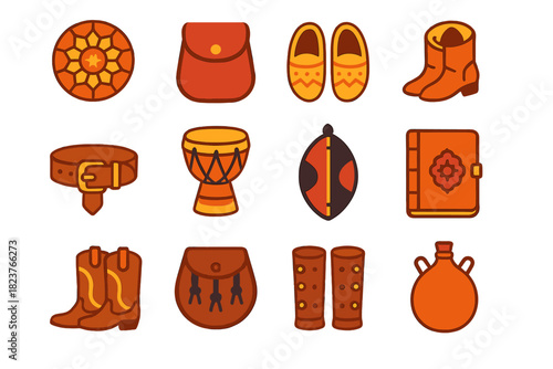Global Leather Craft Icons. Flat vector icons of traditional leather crafts worldwide: Moroccan pouf, Japanese leather case,