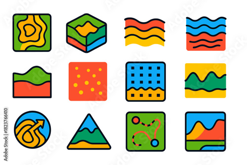 Colorful Terrain Icons. Flat vector icons of granular terrain visualization and mapping: topographic map, 3D terrain model, slope