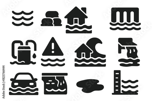 Urban Flood Icons. Solid style icons of Urban flooding: rising water, sandbag barrier, flooded street, drainage grate, emergency