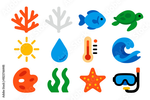 Coral Bleaching Icons. Flat vector icons of Coral Bleaching: Coral, Bleached Coral, Fish, Sea Turtle, Sunlight, Water Drop,