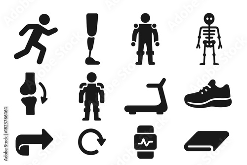 Biomechanics Icons Set. Solid style icons of Biomechanics: running human, prosthetic leg, motion capture, dumbbell, joint diagram,