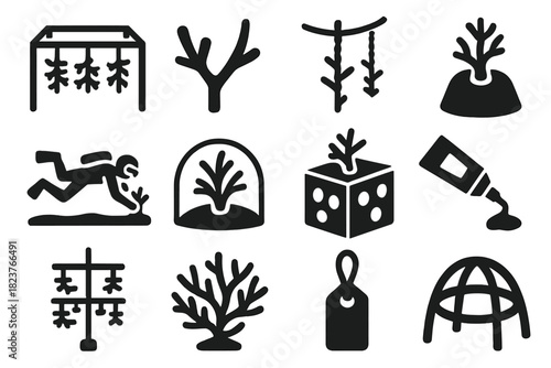 Reef Restoration Icons. Solid style icons of Reef restoration: coral nursery frame, transplant fragment, rope line, cement base,