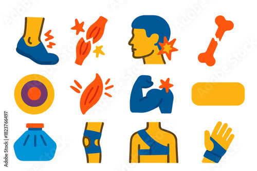 Sports Injury Icons. Flat vector icons of Sports Injuries: Sprained Ankle, Torn Ligament, Concussion, Fracture, Bruise, Muscle