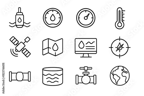 Water Monitoring Icons. Line style icons of Water Monitoring: Sensor, Flow Meter, Gauge, Thermometer; Satellite, Map, Data Screen,