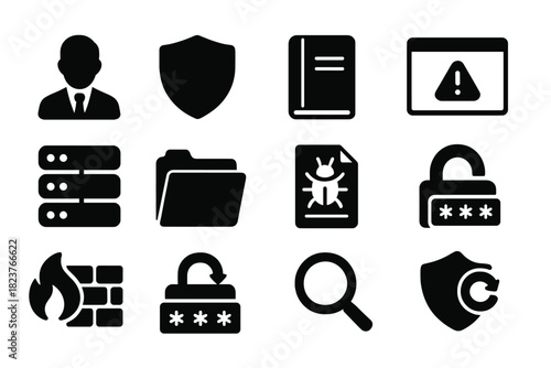 Incident Response Icons. Solid style icons of incident response: security analyst, shield, logbook, alert popup, server,