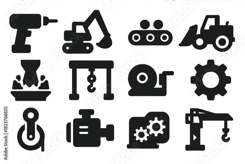 Heavy Equipment Icons. Solid style icons of Heavy Equipment: Drill Machine, Excavator, Conveyor Belt, Loader, Crusher, Hoist,