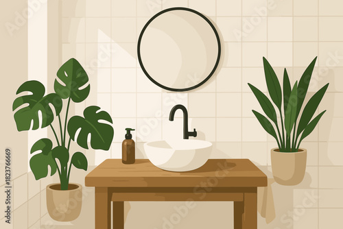 Minimalist Bathroom Oasis. Minimalist bathroom with clean white tiles, a rustic wooden countertop, and vibrant green plants, soft